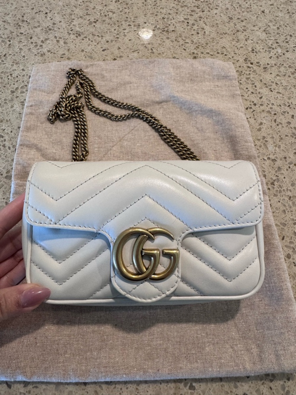 Gucci Cream GG Marmont Chevron super Mini Shoulder Bag with Gold Hardware - Picture 11 of 12